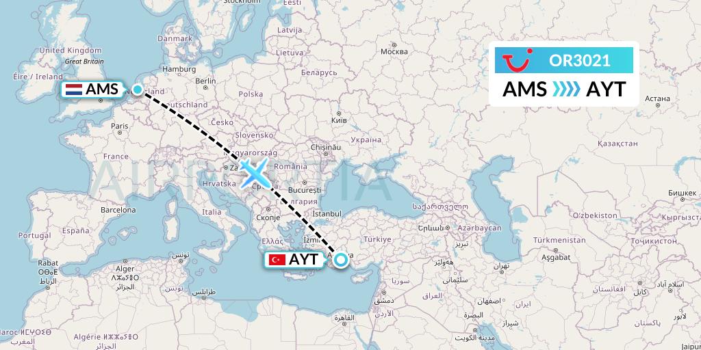 OR3021 TUI fly Netherlands Flight Map: Amsterdam to Antalya