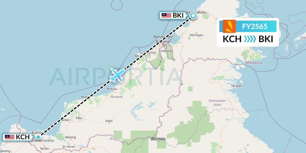 FY2565 Firefly Flight Map: Kuching to Kota Kinabalu
