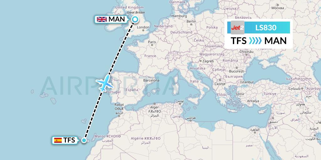 LS830 Jet2 Flight Map: Tenerife to Manchester