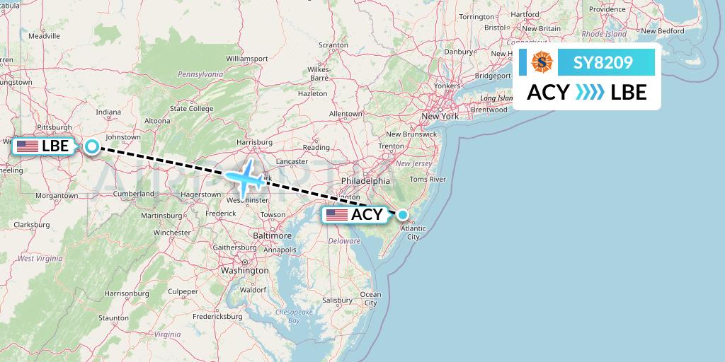 SY8209 Sun Country Airlines Flight Map: Atlantic City to Latrobe