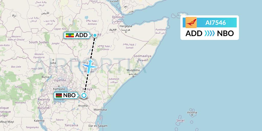 AI7546 Air India Flight Map: Addis Ababa to Nairobi