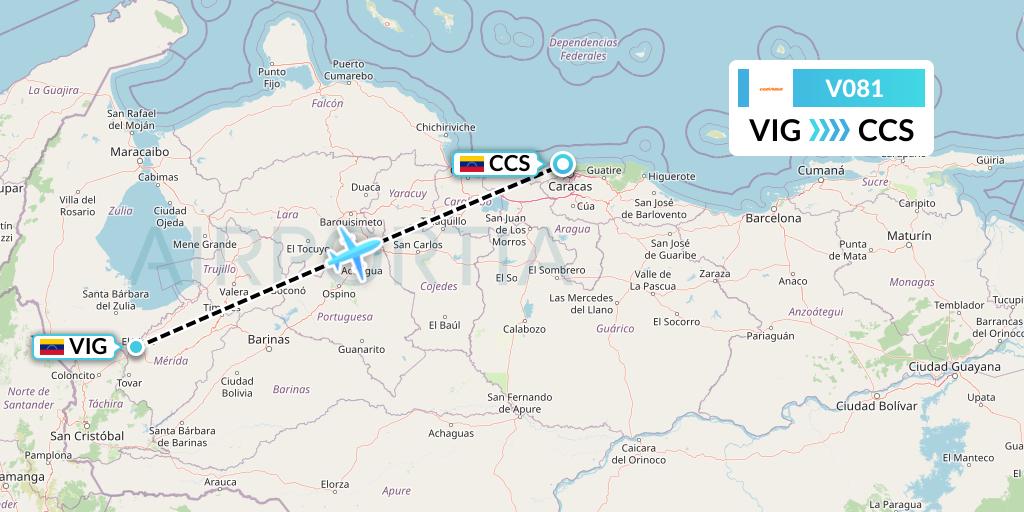 V081 Conviasa Flight Map: El Vigia to Caracas