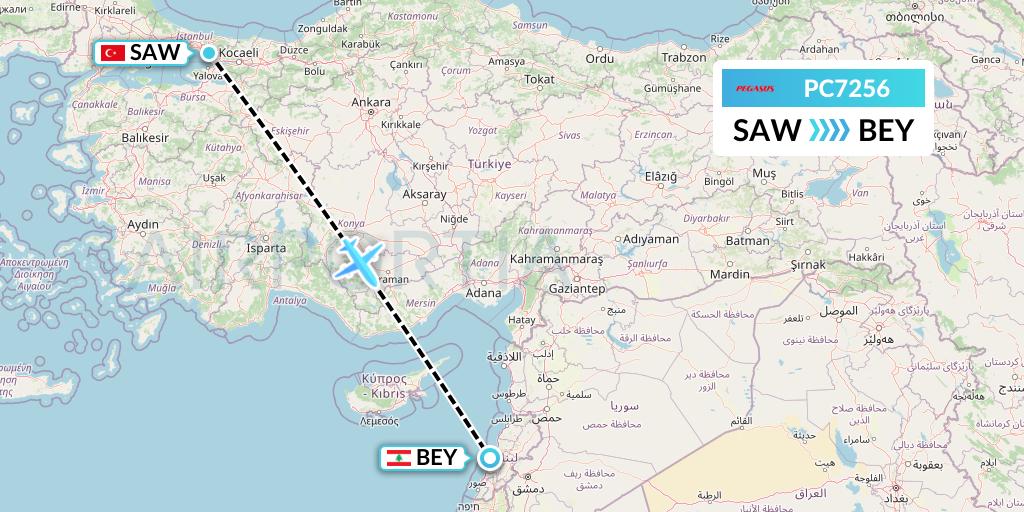 PC7256 Pegasus Airlines Flight Map: Istanbul to Beirut