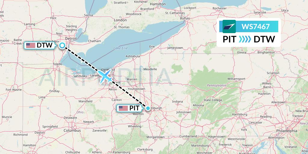 WS7467 WestJet Flight Map: Pittsburgh to Detroit