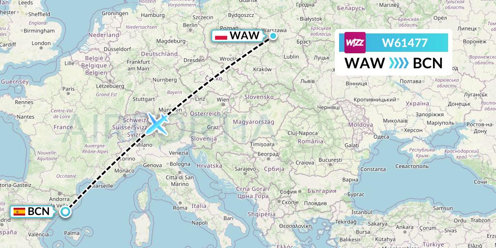 W61477 Wizz Air Flight Map: Warsaw to Barcelona