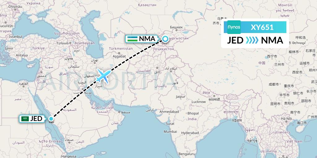 XY651 Flynas Flight Map: Jeddah to Namangan