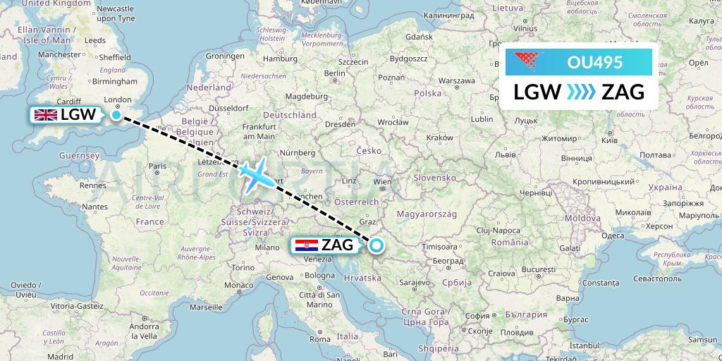 OU495 Croatia Airlines Flight Map: London to Zagreb