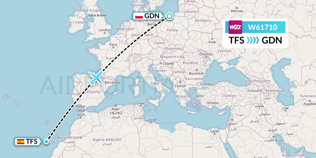 W61710 Wizz Air Flight Map: Tenerife to Gdansk