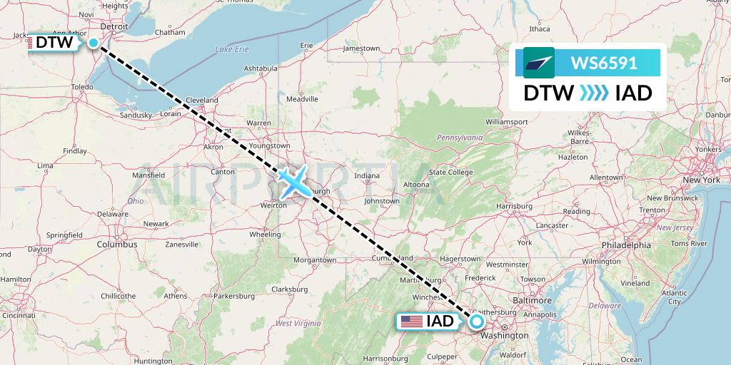 WS6591 WestJet Flight Map: Detroit to Washington