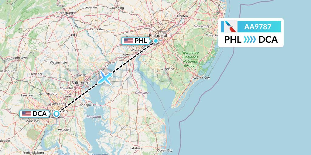 AA9787 American Airlines Flight Map: Philadelphia to Washington