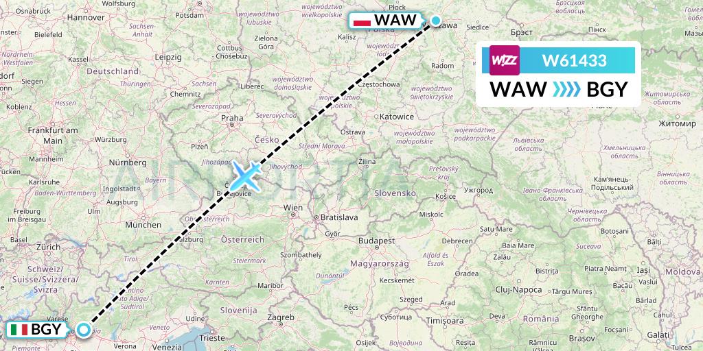 W61433 Wizz Air Flight Map: Warsaw to Milan