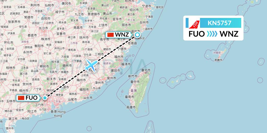 KN5757 China United Airlines Flight Map: Foshan to Wenzhou