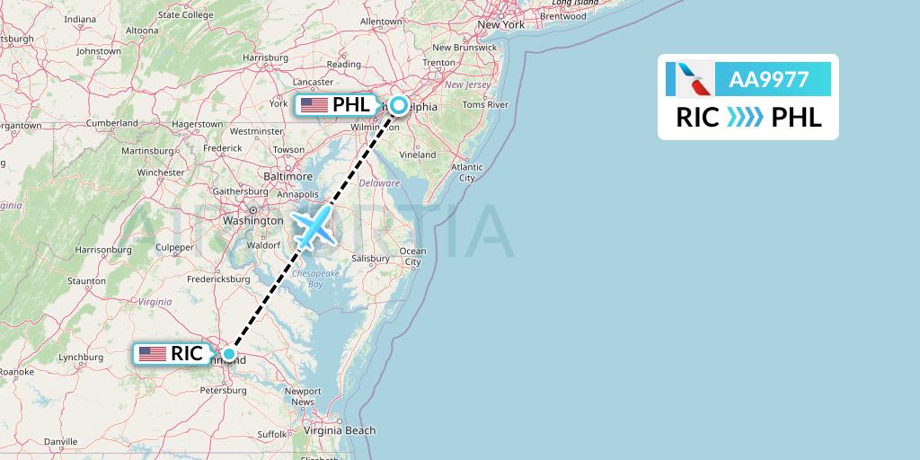 AA9977 American Airlines Flight Map: Richmond to Philadelphia