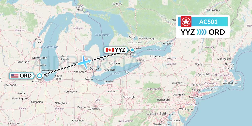 AC501 Air Canada Flight Map: Toronto to Chicago