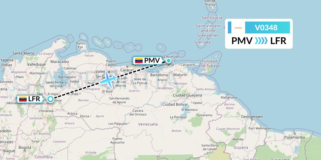 V0348 Conviasa Flight Map: Porlamar to Venezuela
