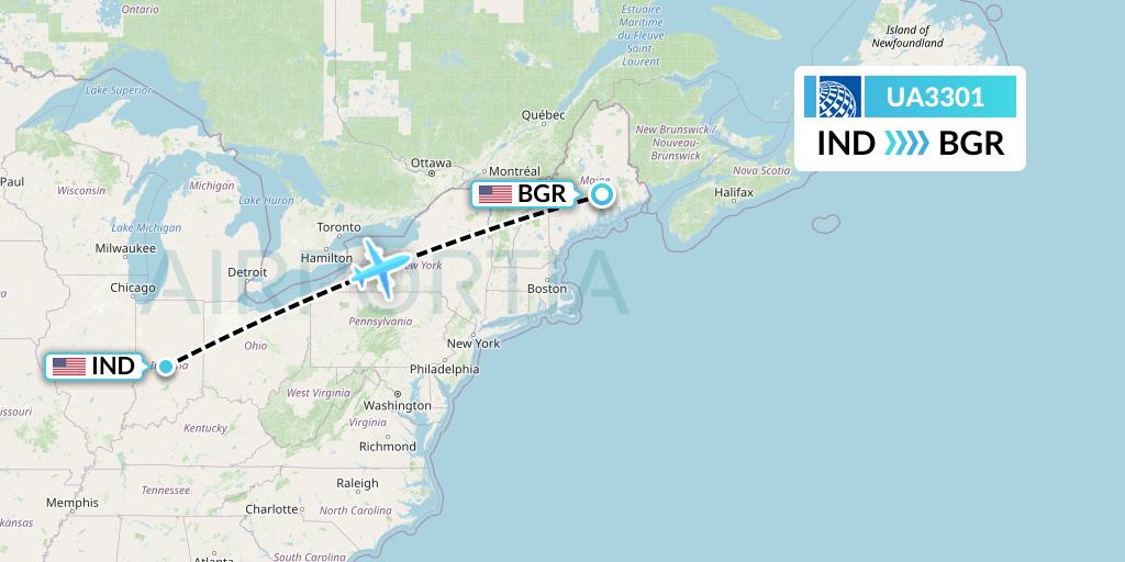 UA3301 United Airlines Flight Map: Indianapolis to Bangor