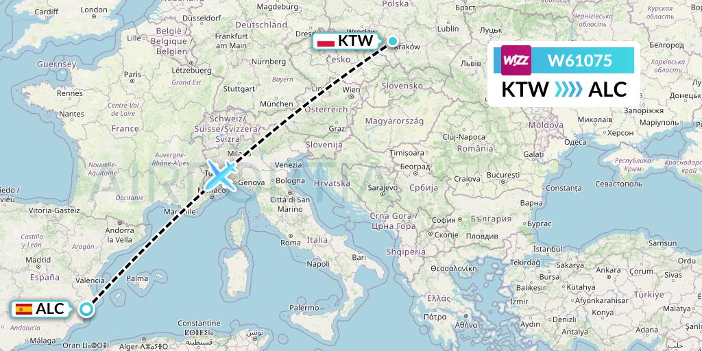 W61075 Wizz Air Flight Map: Katowice to Alicante