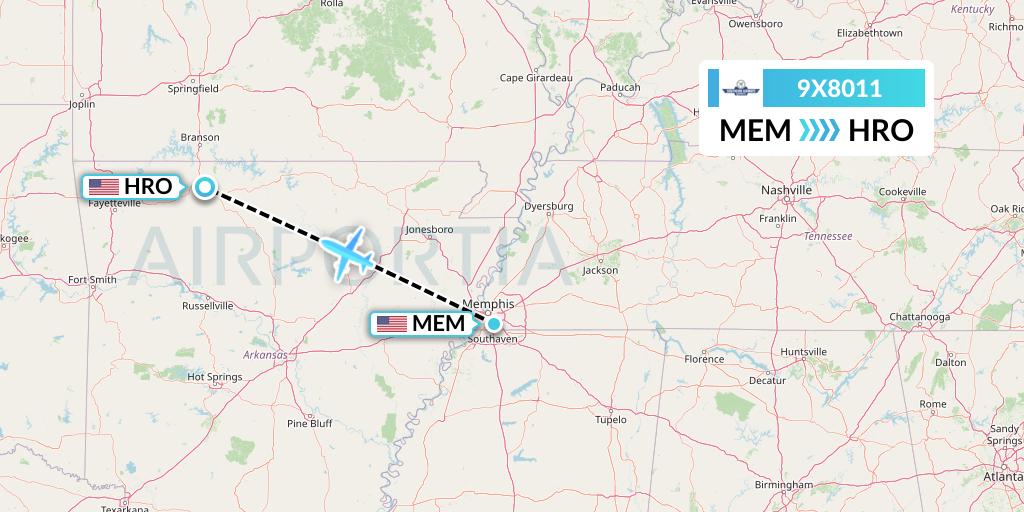 9X8011 Southern Airways Express Flight Map: Memphis to Harrison