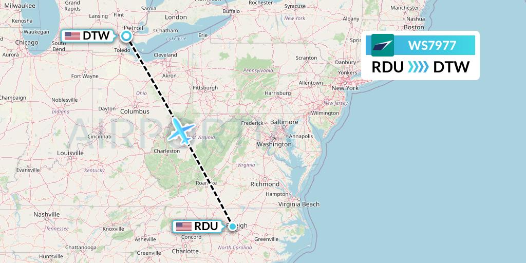 WS7977 WestJet Flight Map: Raleigh-Durham to Detroit