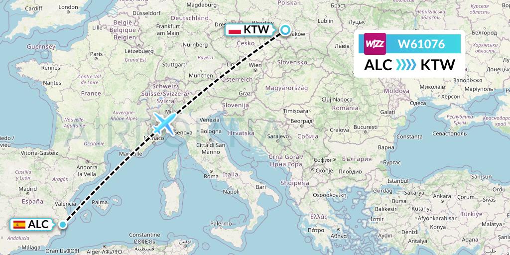 W61076 Wizz Air Flight Map: Alicante to Katowice