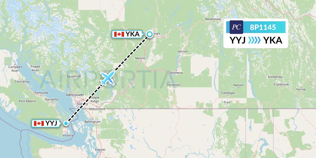8P1145 Pacific Coastal Airlines Flight Map: Victoria to Kamloops