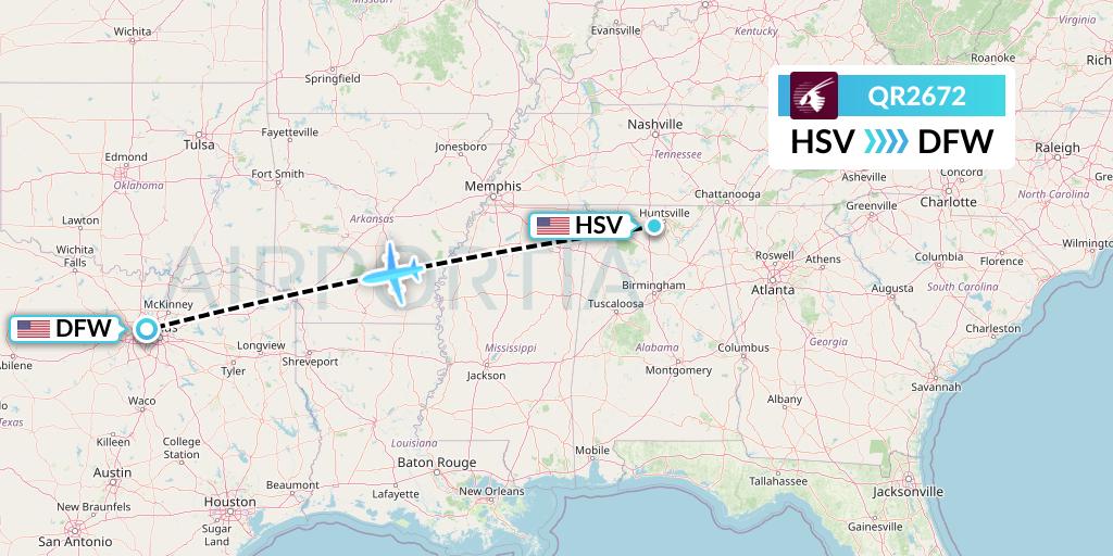 QR2672 Qatar Airways Flight Map: Huntsville to Dallas