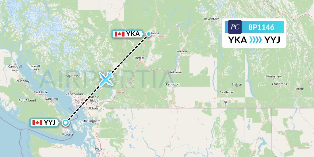 8P1146 Pacific Coastal Airlines Flight Map: Kamloops to Victoria