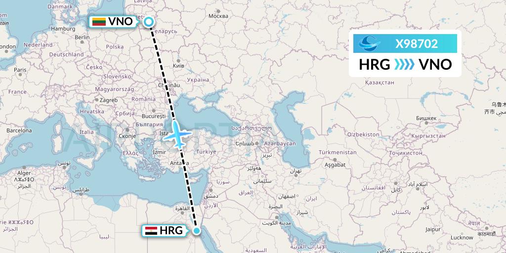 X98702 Avion Express Flight Map: Hurghada to Vilnius