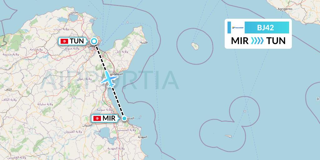 BJ42 Nouvelair Tunisie Flight Map: Monastir to Tunis