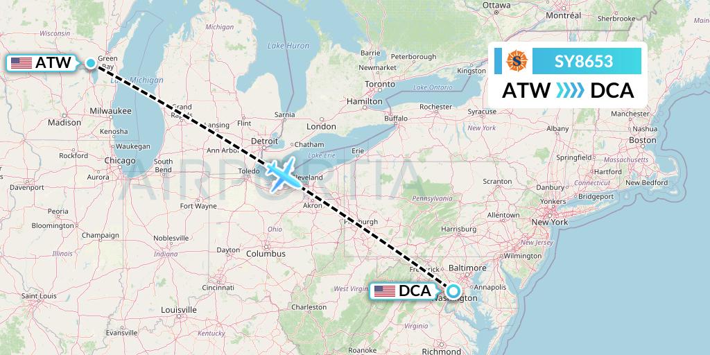 SY8653 Sun Country Airlines Flight Map: Appleton to Washington