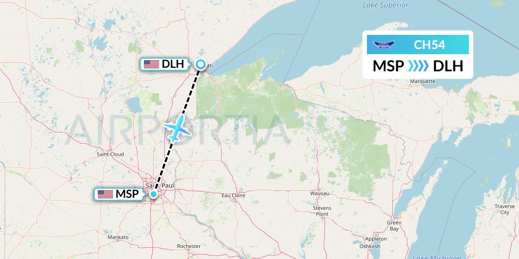 CH54 Bemidji Airlines Flight Map: Minneapolis to Duluth