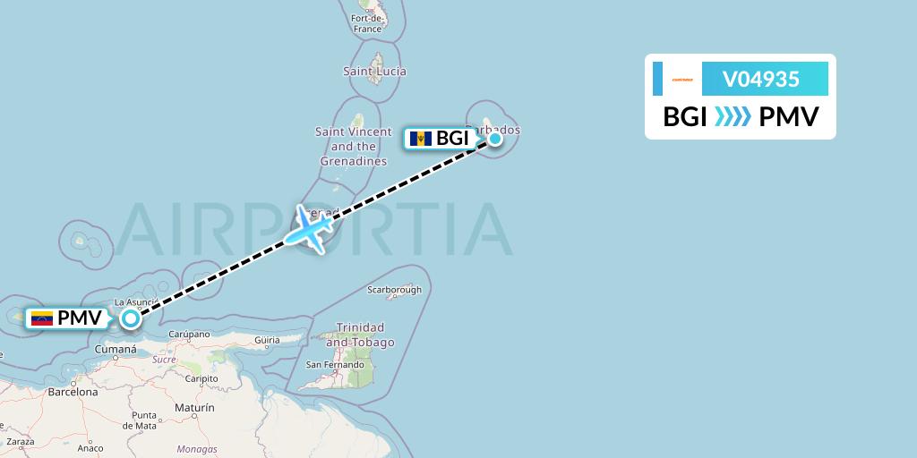 V04935 Conviasa Flight Map: Bridgetown to Porlamar