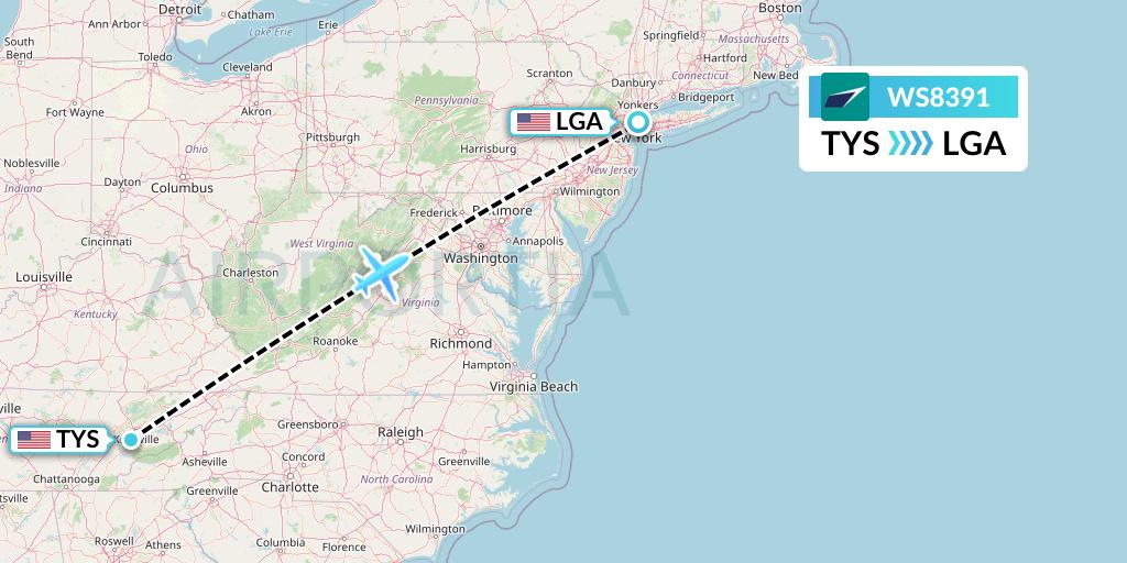 WS8391 WestJet Flight Map: Knoxville to New York