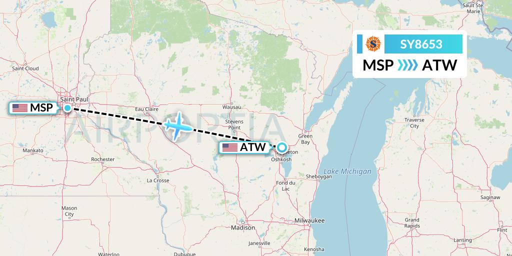 SY8653 Sun Country Airlines Flight Map: Minneapolis to Appleton