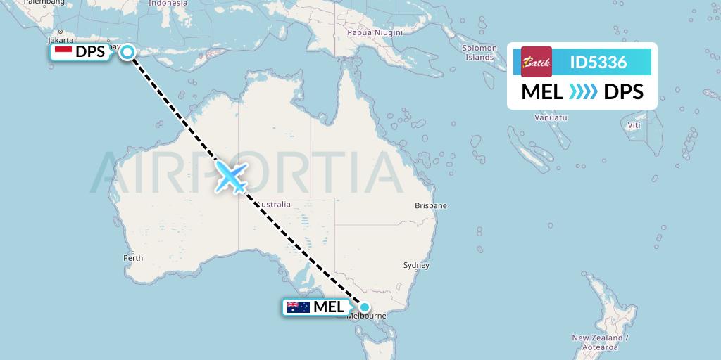 ID5336 Batik Air Flight Map: Melbourne to Denpasar