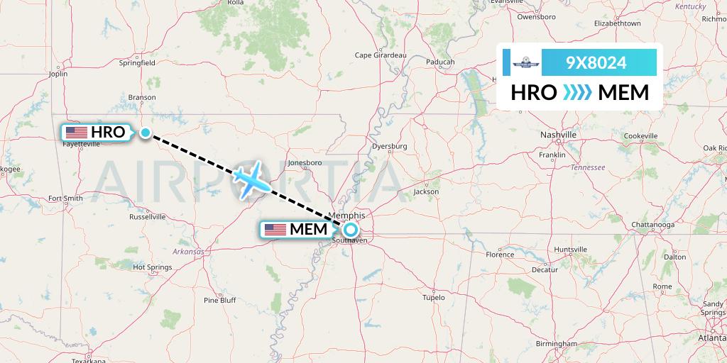 9X8024 Southern Airways Express Flight Map: Harrison to Memphis