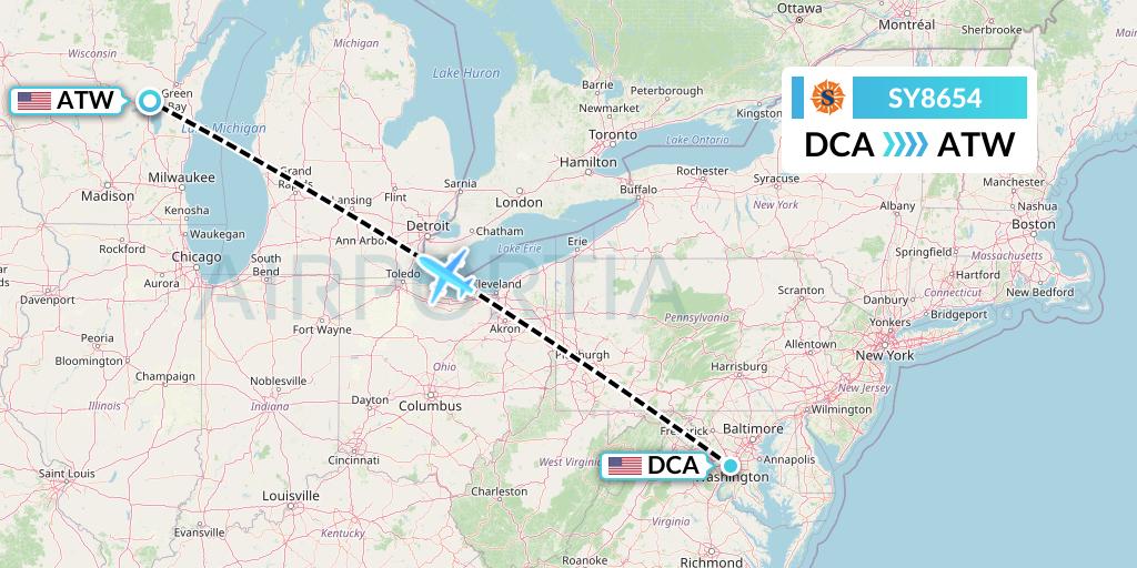 SY8654 Sun Country Airlines Flight Map: Washington to Appleton