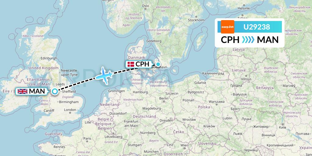 U29238 EasyJet Flight Map: Copenhagen to Manchester