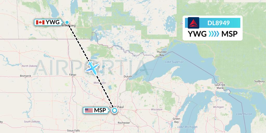 DL8949 Delta Air Lines Flight Map: Winnipeg to Minneapolis