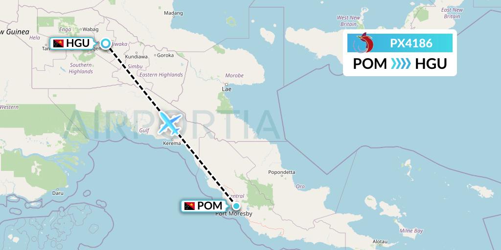 PX4186 Air Niugini Flight Map: Port Moresby to Mount Hagen