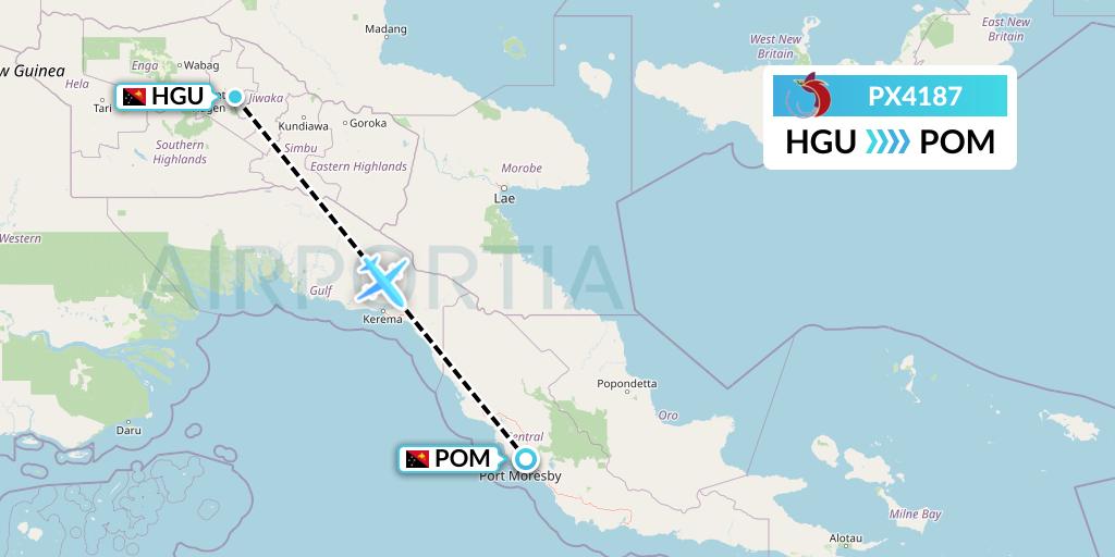 PX4187 Air Niugini Flight Map: Mount Hagen to Port Moresby