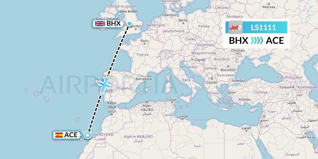 LS1111 Jet2 Flight Map: Birmingham to Lanzarote