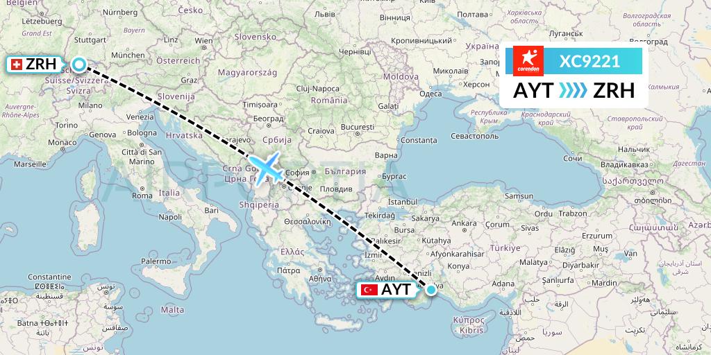XC9221 Corendon Airlines Flight Map: Antalya to Zurich