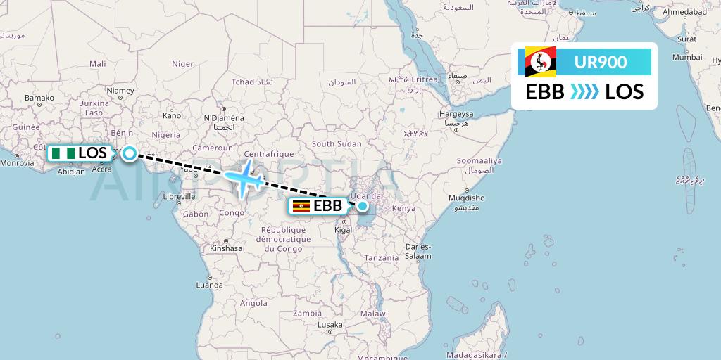 UR900 Uganda Airlines Flight Map: Entebbe to Lagos