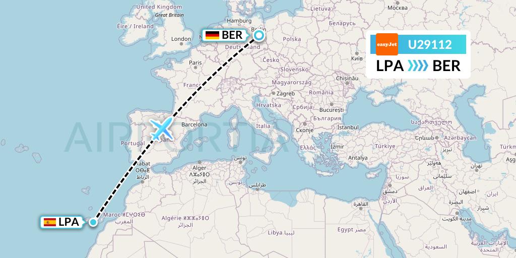 U29112 EasyJet Flight Map: Las Palmas to Berlin