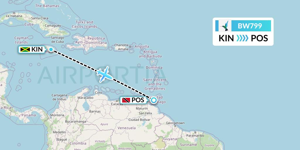 BW799 Caribbean Airlines Flight Map: Kingston to Port of Spain