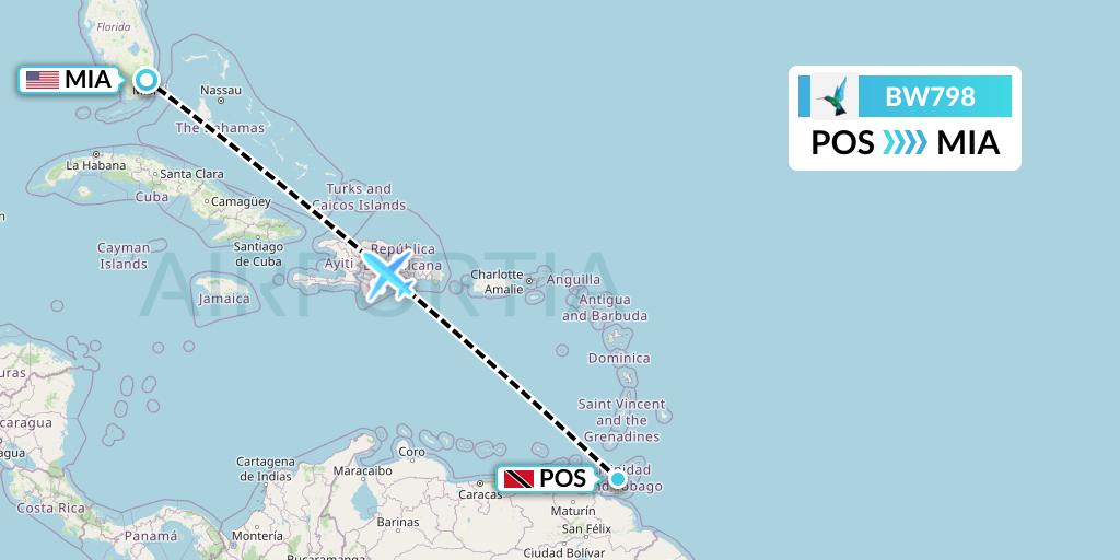 BW798 Caribbean Airlines Flight Map: Port of Spain to Miami