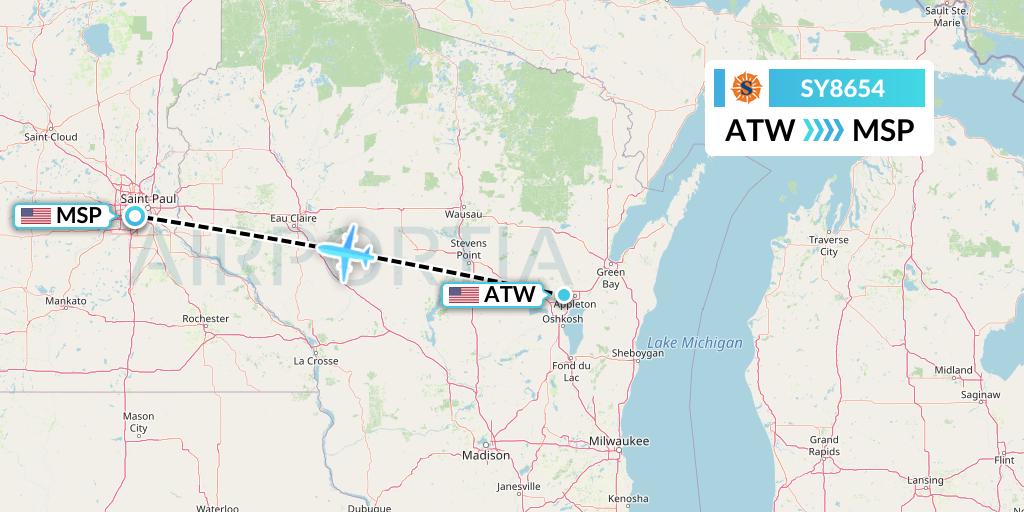 SY8654 Sun Country Airlines Flight Map: Appleton to Minneapolis