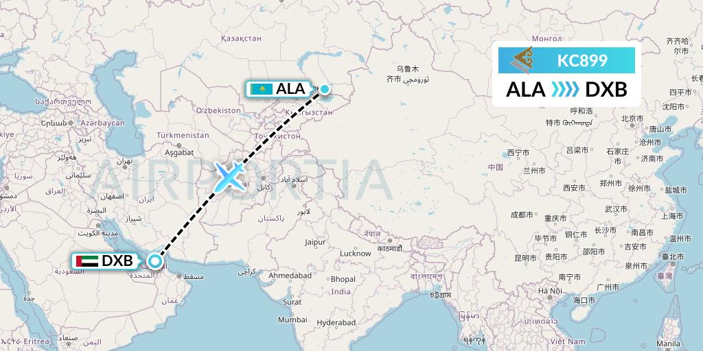 KC899 Air Astana Flight Map: Almaty to Dubai