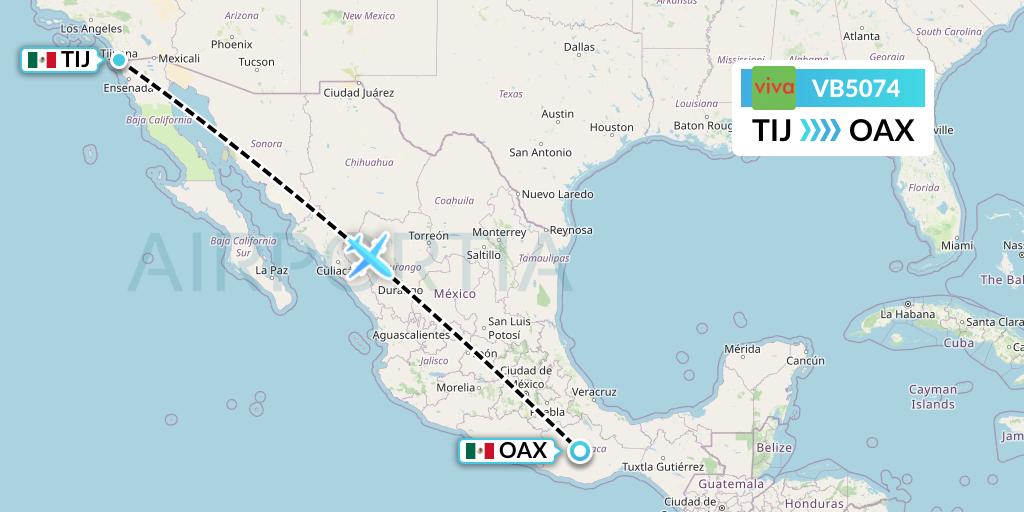 VB5074 VivaAerobus Flight Map: Tijuana to Oaxaca